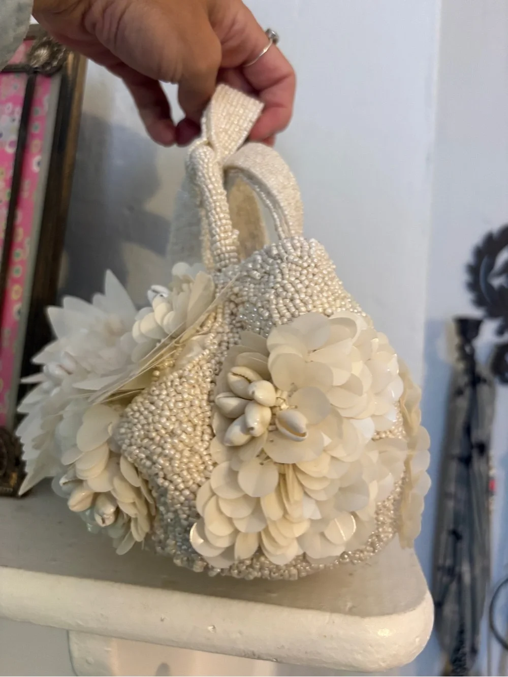 SMALL IVORY BEADED FLORAL BAG